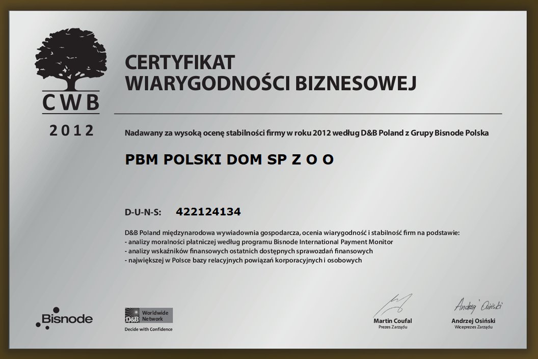 Srebrny Certyfikat Wiarygodności Biznesowej za rok 2012